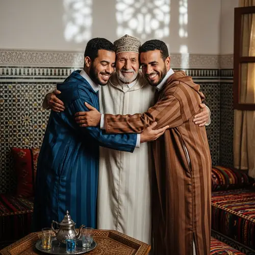 Authentic Moroccan Brotherhood: Elderly Man Embraces Brothers