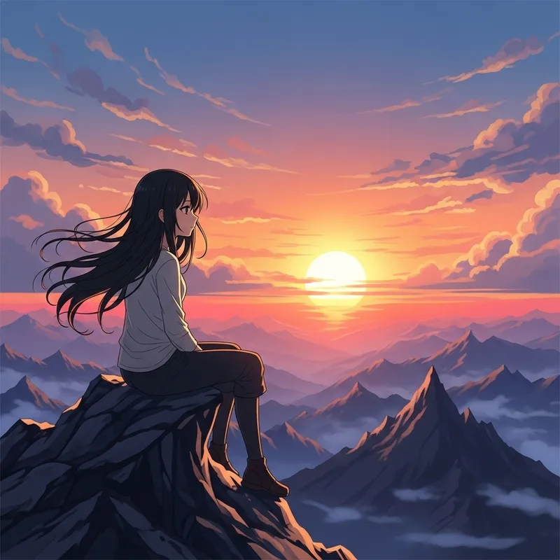 Anime Girl on Black Mountain Watching Sunset