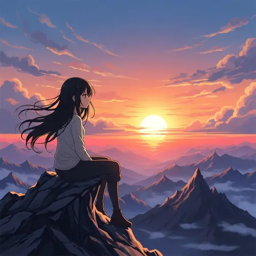 Anime Girl on Mountain Gazing at Sunset