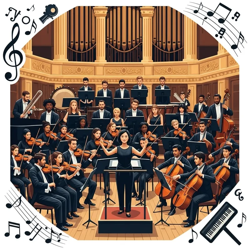 Diverse Grand Orchestra Performing Classical Music in Elaborate Concert Hall