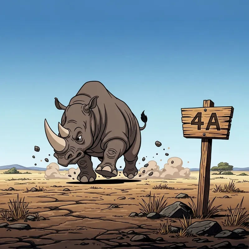 Rhino Charging Towards 4A Sign | Barren Landscape Background Rhino Charging Towards 4A Sign | Barren Landscape Background