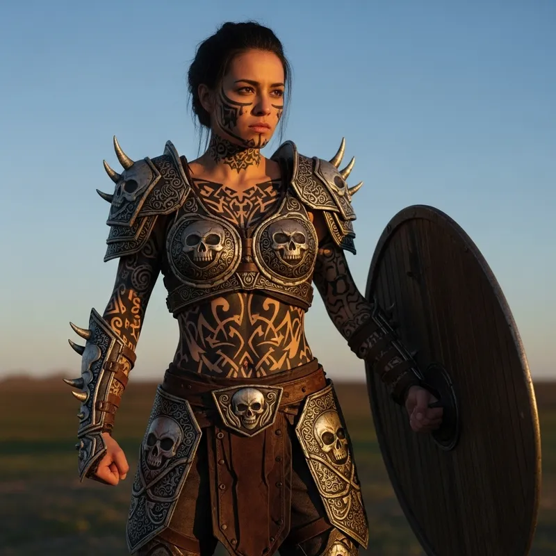 Warrior Girl in Armor with Skull Tattoos