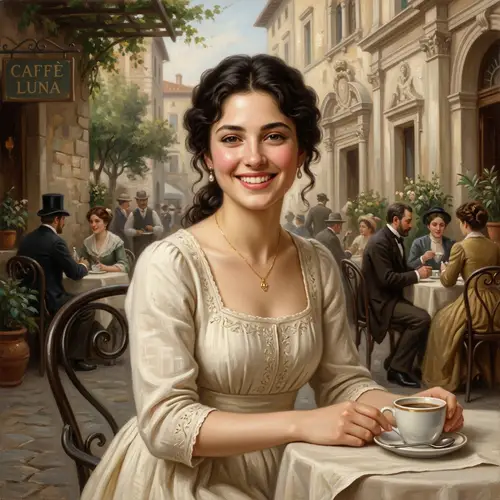 Young Woman Smiling at Outdoor Cafe – Classicism