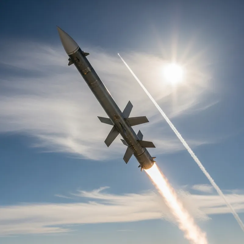 Cylindrical Missile Soaring Amidst Wispy Clouds