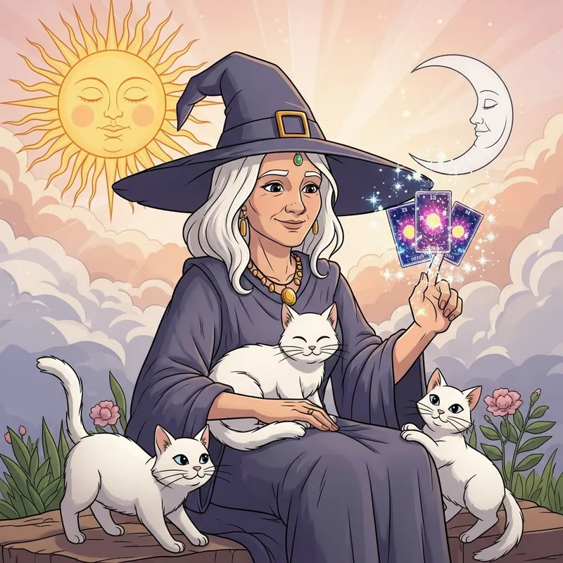 Cartoon White Witch with Cats: Compassion & Love Cartoon White Witch with Cats: Compassion & Love