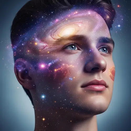 Face of Young Man Symbolizing Universe of Ideas