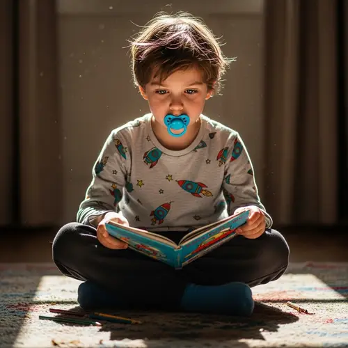 Focused Eight-Year-Old Boy with Blue Pacifier