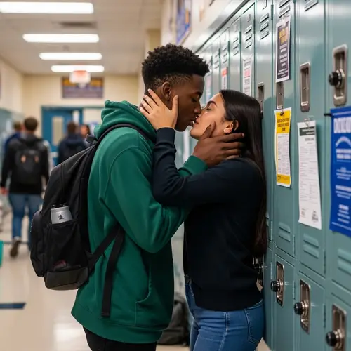 Secret High School Kiss by Multicultural Teen Couple