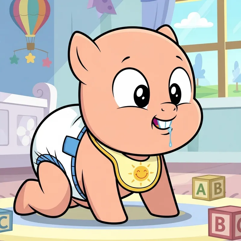 Adorable Baby Pony Crawling with Bib and Diaper