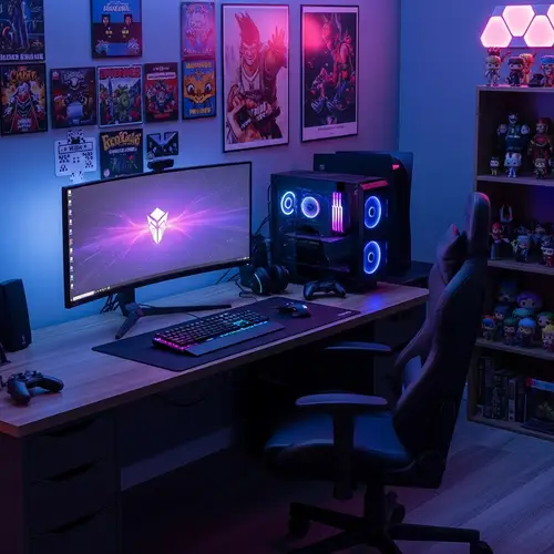 Gamer's Paradise Setup: Curved Monitor, Rainbow Backlit Keyboard & LED Ambience