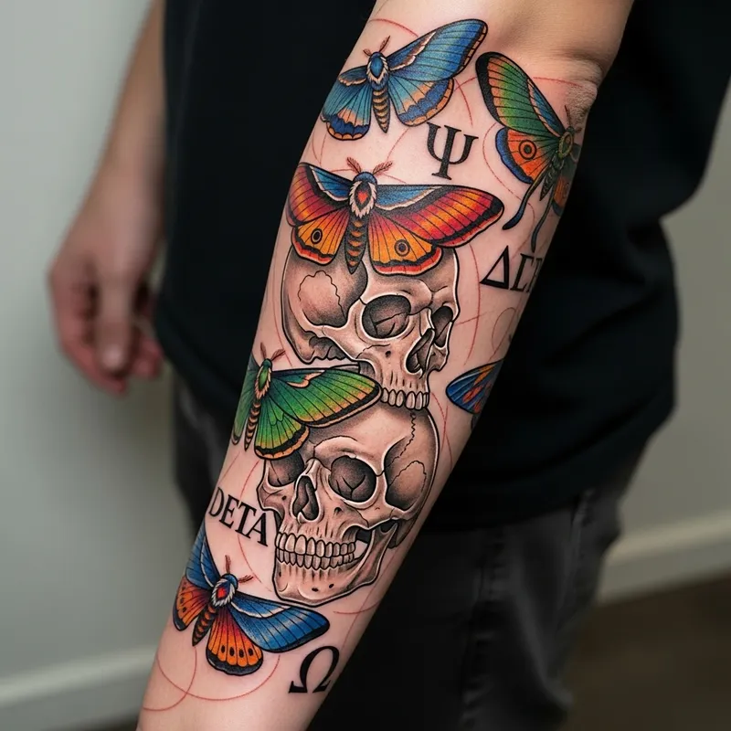 Stunning Forearm Tattoo with Moths and Skulls
