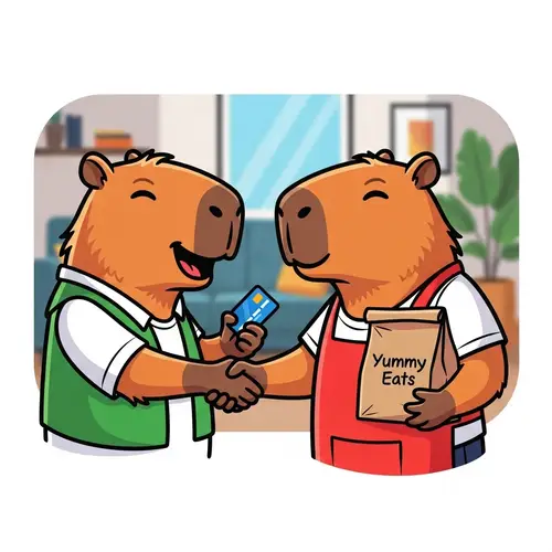 Happy Cartoon Capybaras Greeting with VISA Card and Food Delivery - Modern Scene