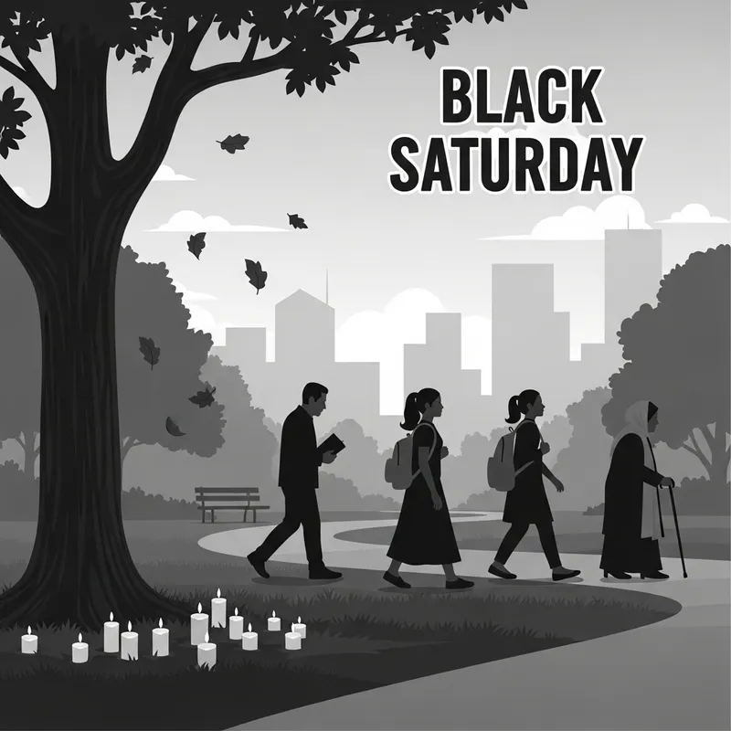 Solemn Scene of Reflection in Urban Park | Black Saturday