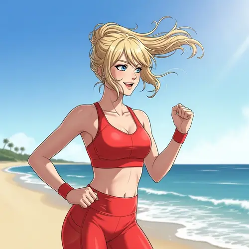 Fitness-Oriented Woman Training on Beach in Red Sportswear