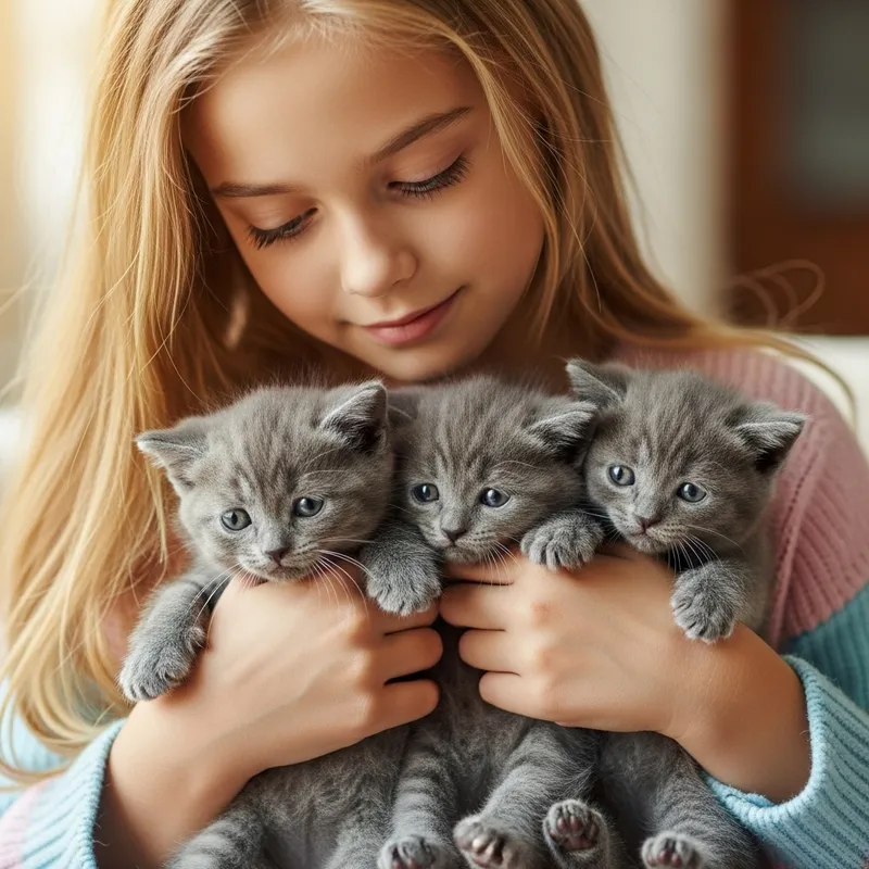 Beautiful Blonde Girl Comforting Three Grey Kittens