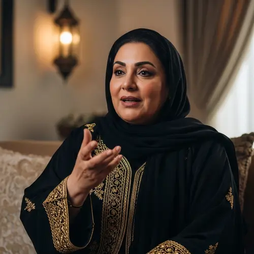 Middle-aged Qatari Woman in Traditional Attire Engrossed in Conversation