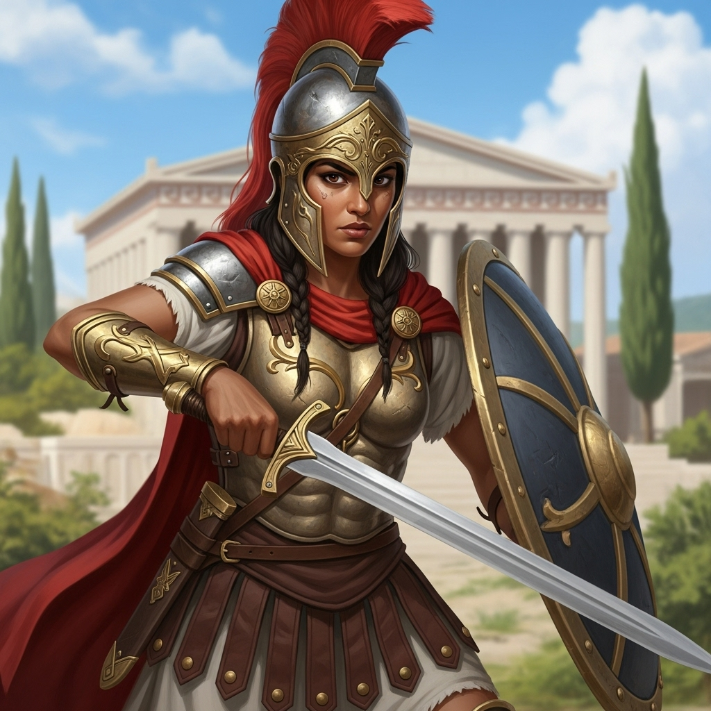 Female Warrior in Ancient Greek Armor with Sword | AI Art Generator |  Easy-Peasy.AI, image size:1024x1024