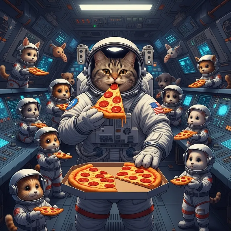 Space Cat Astronaut & Friends Having Pizza Party in Space Space Cat Astronaut & Friends Having Pizza Party in Space