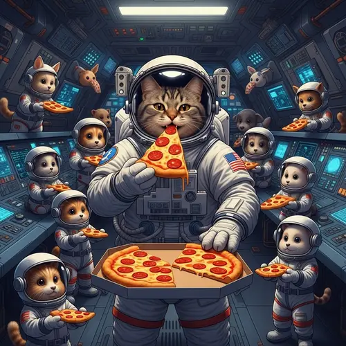 Space Pizza Party: Cat Astronaut and Friends Enjoying Pizza in Spaceship