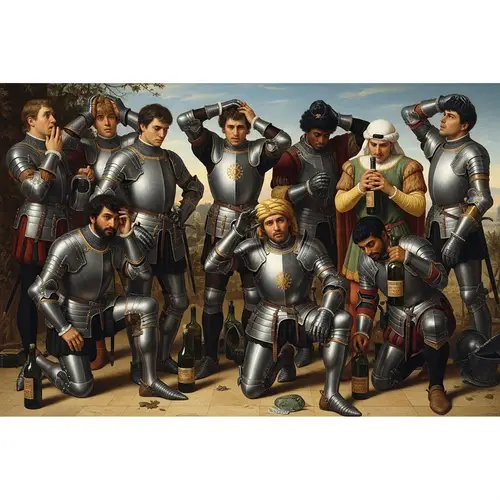 Humorous Renaissance Painting of Diverse Knights and Koumiss Indulgence