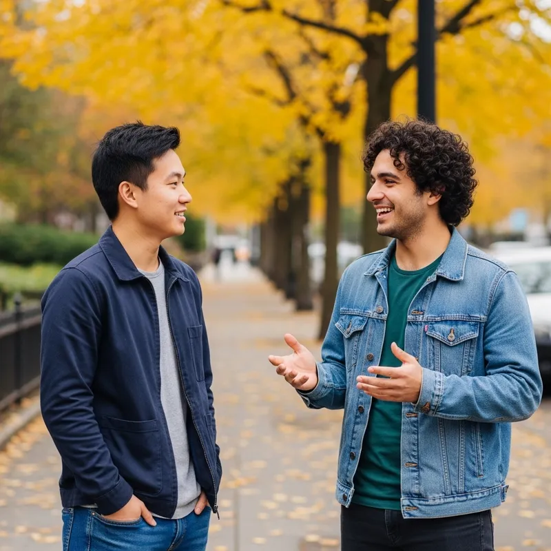 Two Young Men in Urban Park Engaged in Conversation