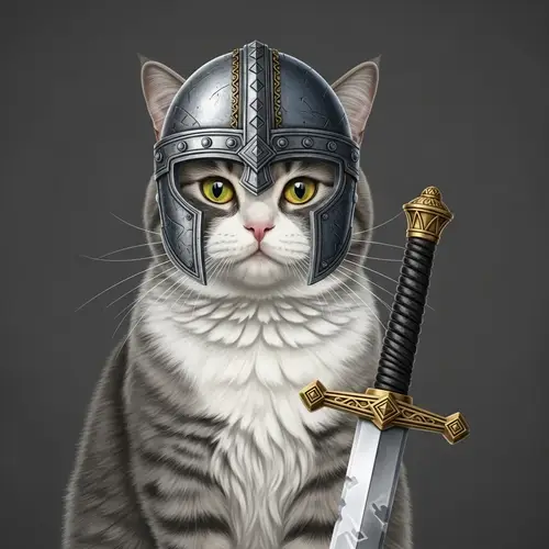 Cat with Helmet and Sword: Grey and White Color Scheme