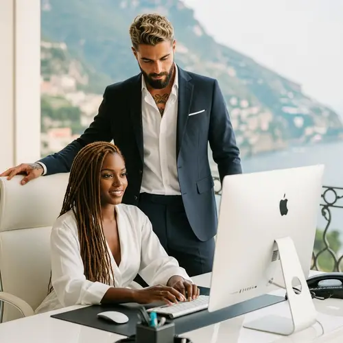 African American Woman & Italian Partner at Work Desk | Amalfi Coast