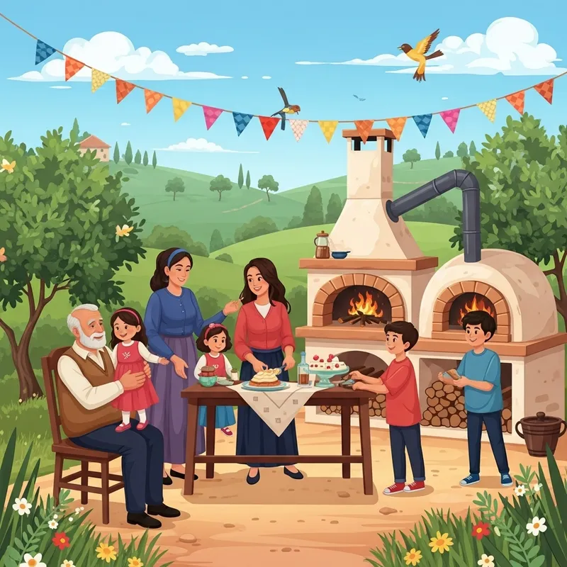 Festive Family Gathering in Ancient Levantine Village Garden Festive Family Gathering in Ancient Levantine Village Garden