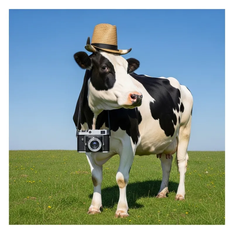 Cow with Camera Captured in Meadow