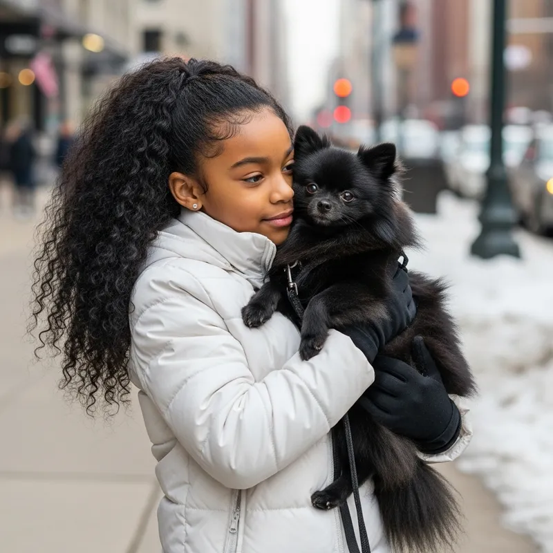 Cute African American Girl with Pomeranian in Winter Chicago Streets