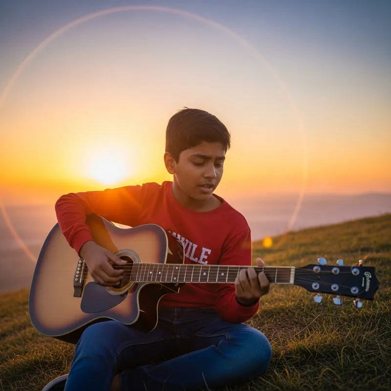 Enthusiastic Boy Playing Guitar at Sunset Enthusiastic Boy Playing Guitar at Sunset