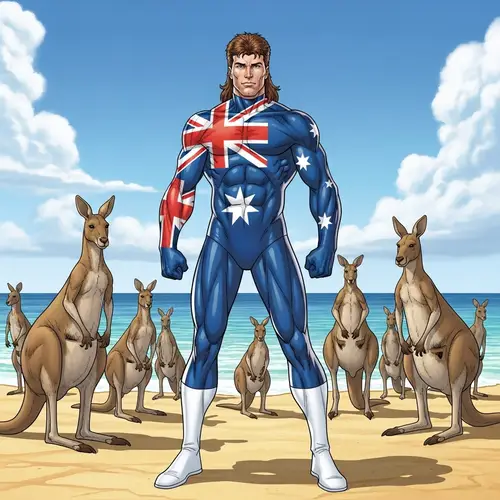 Mullet-Haired Australian Superhero on Beach with Kangaroo Squad
