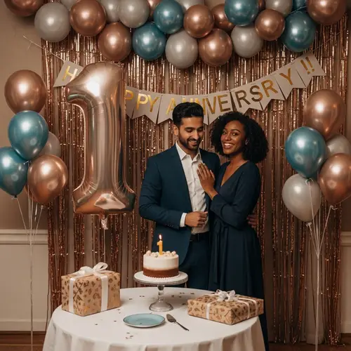 First Anniversary Celebration - Festive Room Decor with Balloons & Cake