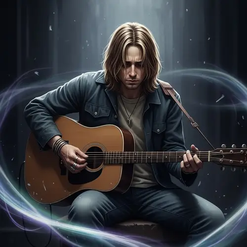 Grunge-Style Guitarist Depicted with Ethereal Vibes