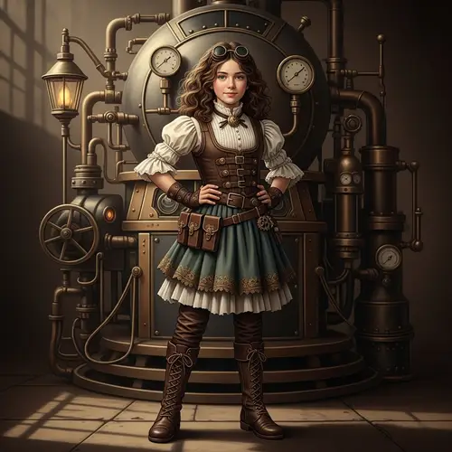 Steampunk-Inspired Young Girl Stands in Front of Magnificent Steam Machine