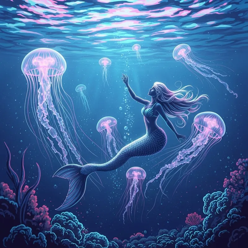 Vibrant Underwater Scene with Floating Jellyfish and Mermaid