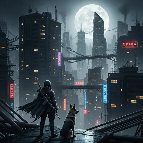 Dystopian City Hunter with Rifle and Dog - Night Scene