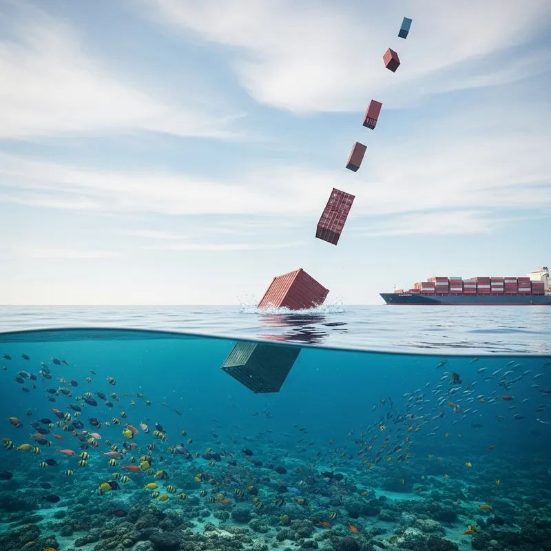 Expansive Calm Ocean Scene with Container Ship and Falling Containers