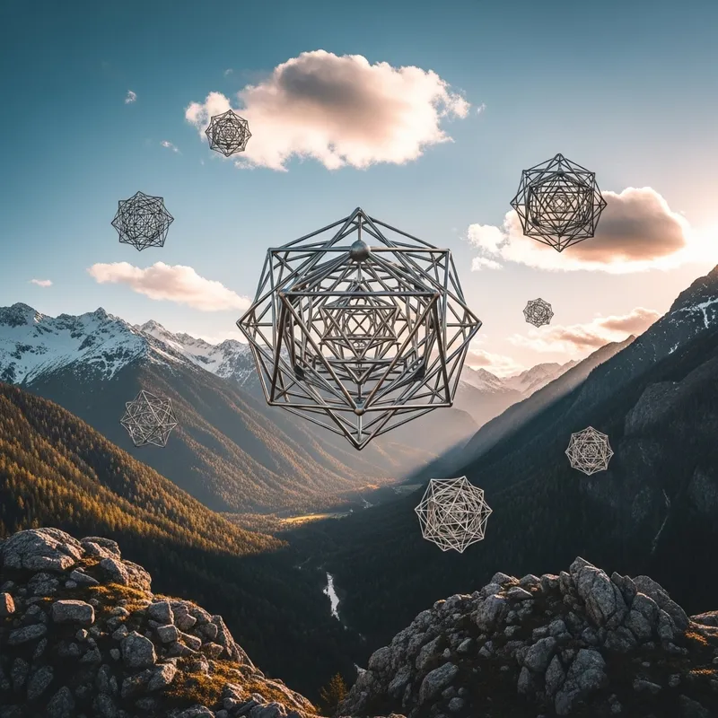 Surreal Mountain Landscape with Sacred Geometry Figure