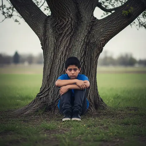 Young Hispanic Boy Sitting Alone Under Large Tree | Solitude and Sorrow