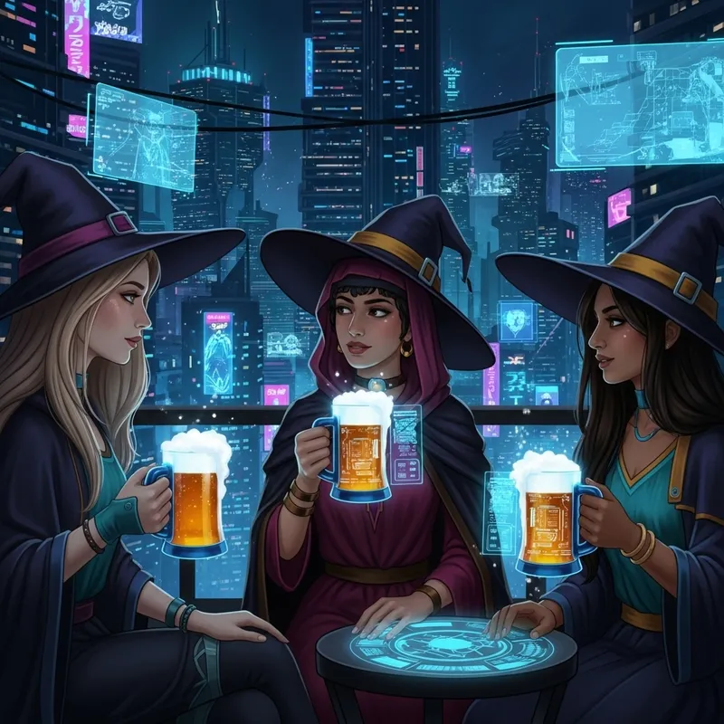 Young Cyberpunk Witches Enjoying Beer | Digital Brew Magic
