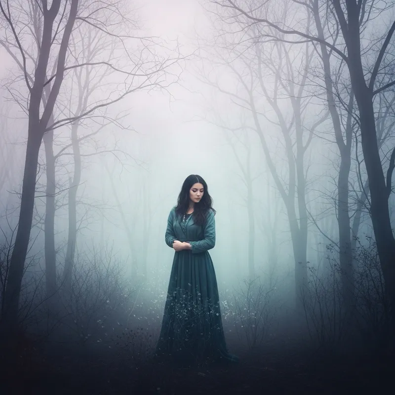 Mysterious Woman in Ethereal Foggy Forest | Mystical Dreamlike Painting Mysterious Woman in Ethereal Foggy Forest | Mystical Dreamlike Painting