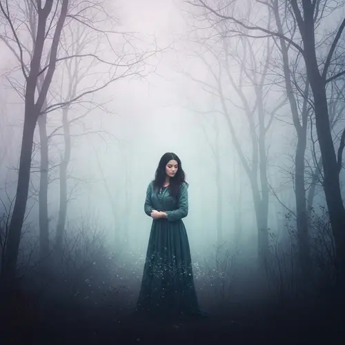 Mysterious Woman in Ethereal Foggy Forest | Mystical Painting