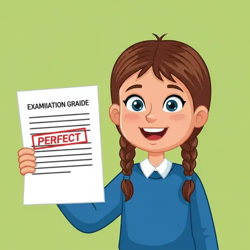 Delighted Cartoon Character Showing Perfect Exam Results | Website Name