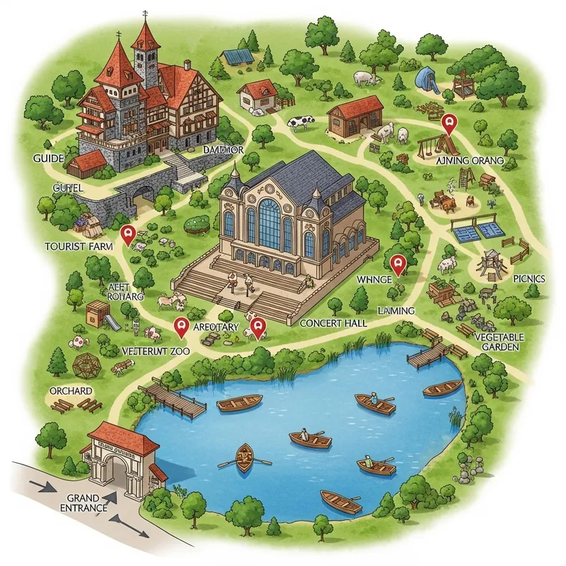 Detailed Tourist Farm Map: Rustic Hotel, Serene Lake & Attractions