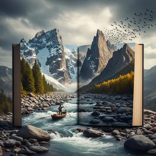 Surreal Adventure: Open Book Landscape with Miniature Boat Journey