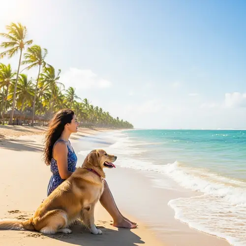 Serene Sandy Beach Scene with Hispanic Woman and Golden Retriever