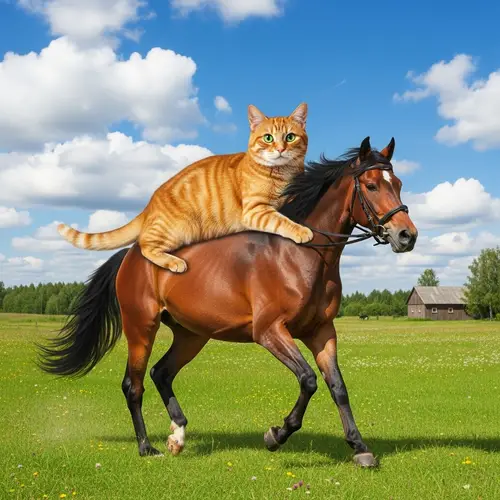 Orange Cat on Horse in Grassy Field | Countryside Scene