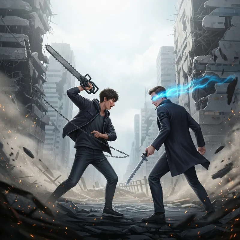 Intense Battle: Denji vs. Satoru Gojo in Modern Ruins