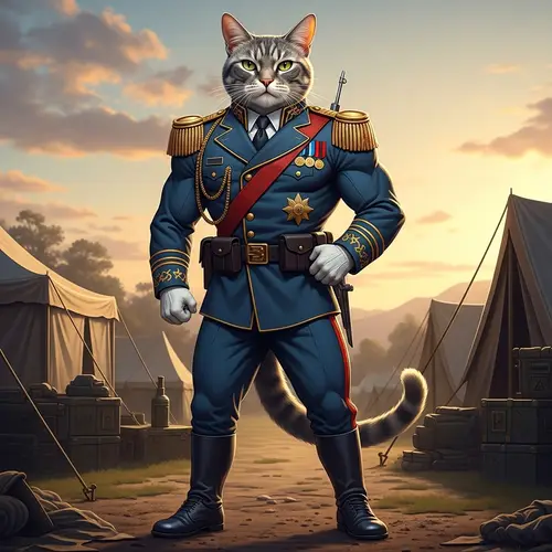 Muscular Cat in Military Uniform | Commanding Feline